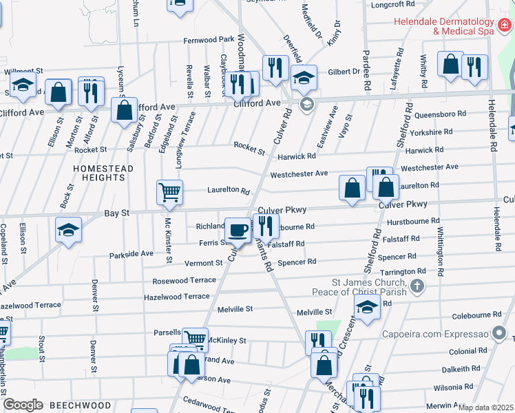 map of restaurants, bars, coffee shops, grocery stores, and more near 26 Culver Parkway in Rochester