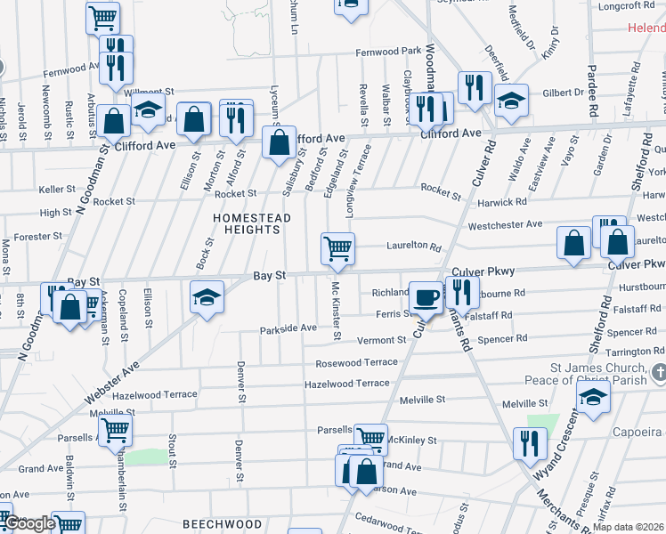 map of restaurants, bars, coffee shops, grocery stores, and more near 1050 Bay Street in Rochester
