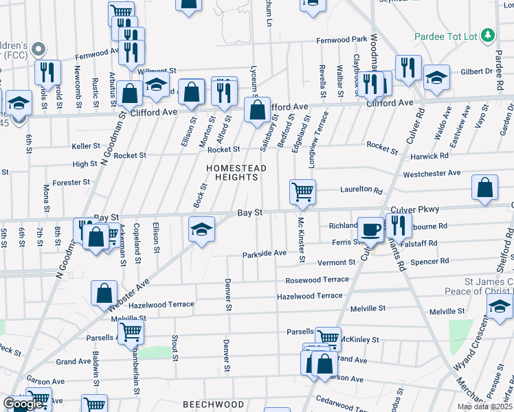 map of restaurants, bars, coffee shops, grocery stores, and more near 940 Bay Street in Rochester