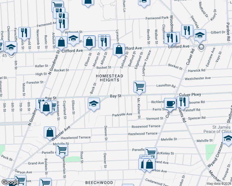 map of restaurants, bars, coffee shops, grocery stores, and more near 940 Bay Street in Rochester
