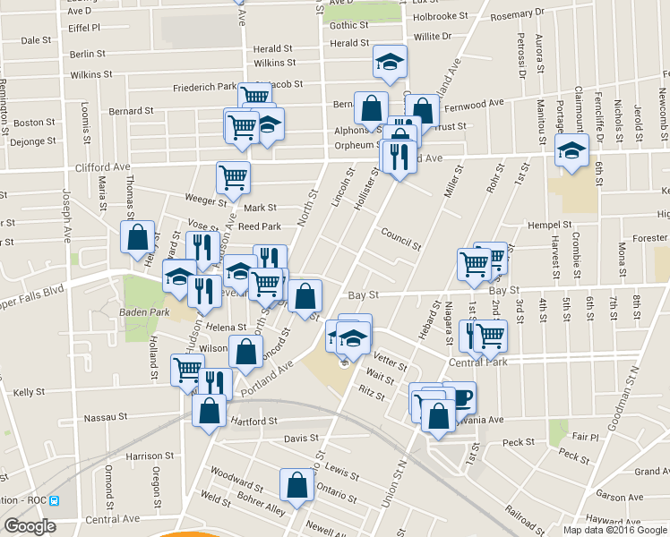 map of restaurants, bars, coffee shops, grocery stores, and more near 270 Merrimac Street in Rochester