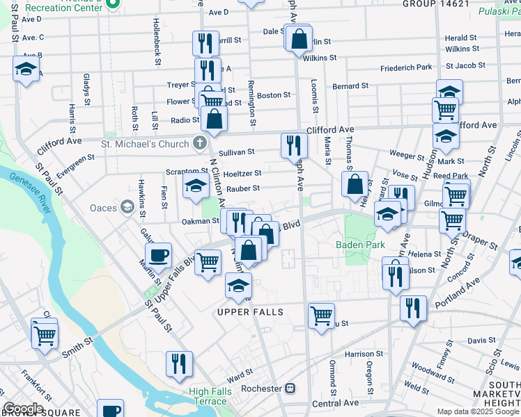 map of restaurants, bars, coffee shops, grocery stores, and more near 122 William Warfield Drive in Rochester