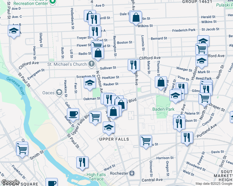 map of restaurants, bars, coffee shops, grocery stores, and more near 122 William Warfield Drive in Rochester