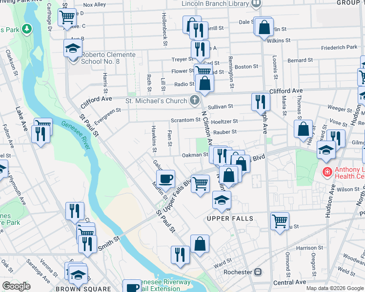 map of restaurants, bars, coffee shops, grocery stores, and more near 2 Schauman Place in Rochester