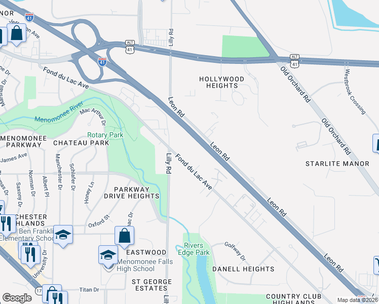 map of restaurants, bars, coffee shops, grocery stores, and more near N84W13906 West Fond Du Lac Avenue in Menomonee Falls