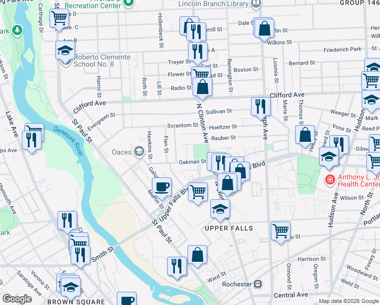 map of restaurants, bars, coffee shops, grocery stores, and more near 54 Oakman Street in Rochester