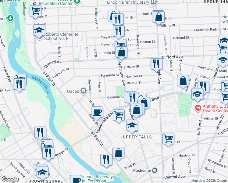 map of restaurants, bars, coffee shops, grocery stores, and more near 54 Oakman Street in Rochester