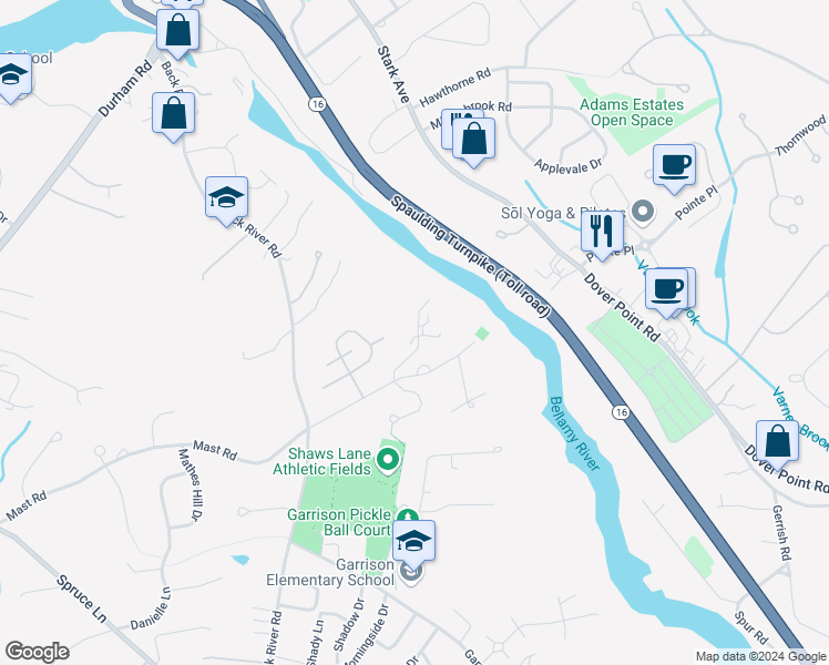 map of restaurants, bars, coffee shops, grocery stores, and more near 132 Katie Lane in Dover