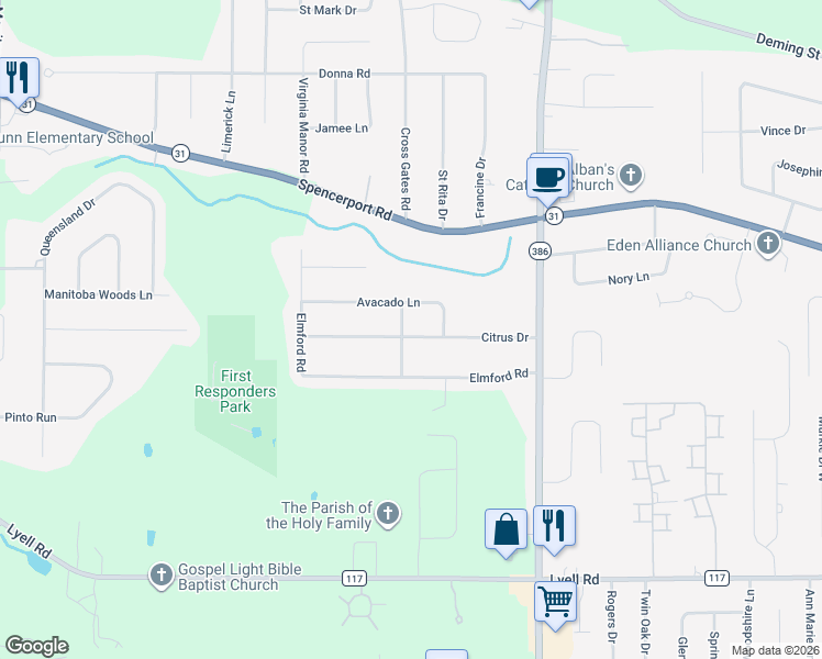 map of restaurants, bars, coffee shops, grocery stores, and more near 30 Citrus Drive in Rochester