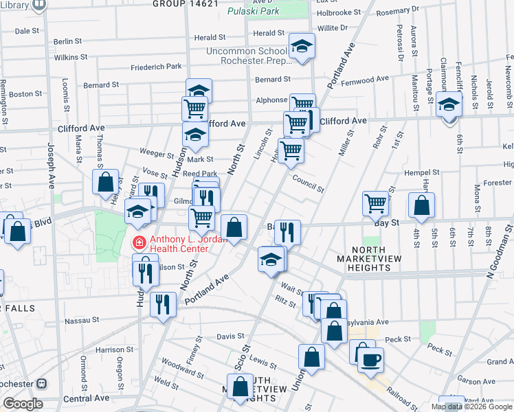 map of restaurants, bars, coffee shops, grocery stores, and more near 270 Merrimac Street in Rochester