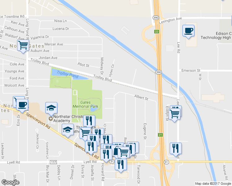 map of restaurants, bars, coffee shops, grocery stores, and more near 182 Albert Street in Rochester