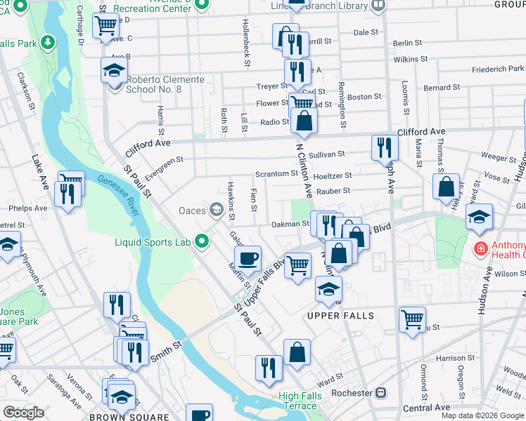 map of restaurants, bars, coffee shops, grocery stores, and more near 7 Fien Street in Rochester