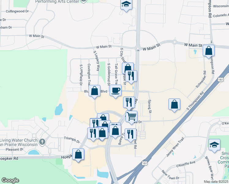 map of restaurants, bars, coffee shops, grocery stores, and more near 11 Blue Aster Boulevard in Sun Prairie