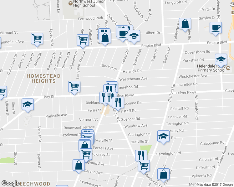 map of restaurants, bars, coffee shops, grocery stores, and more near 26 Culver Parkway in Rochester