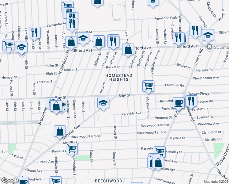 map of restaurants, bars, coffee shops, grocery stores, and more near 884 Bay Street in Rochester