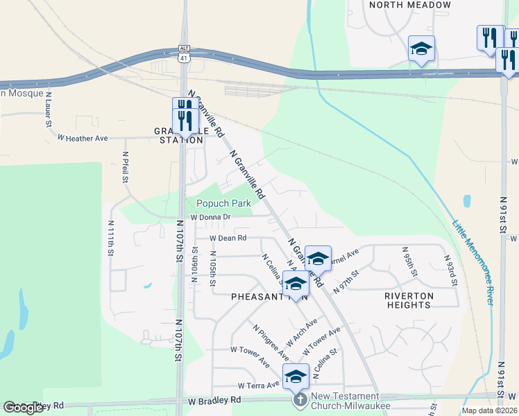 map of restaurants, bars, coffee shops, grocery stores, and more near 8463 North Granville Road in Milwaukee