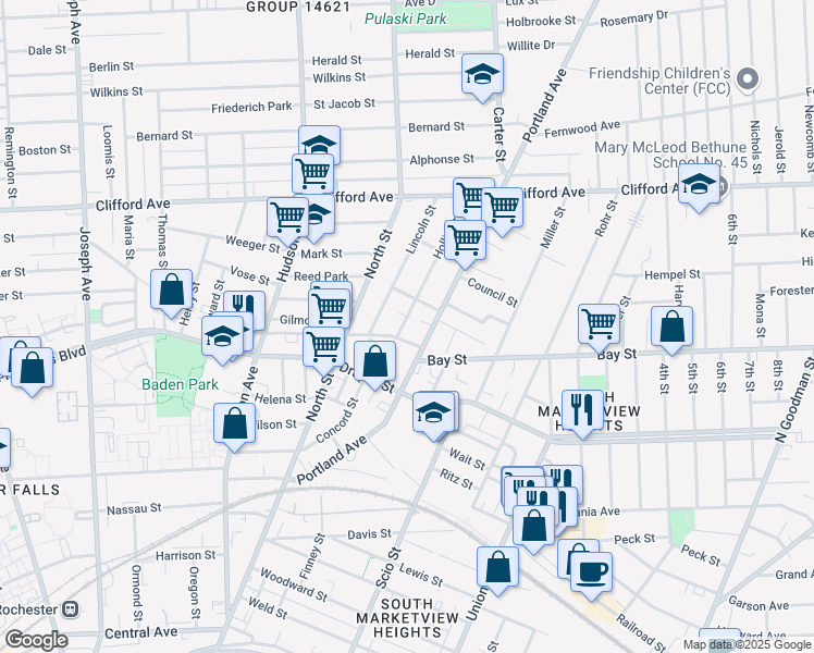 map of restaurants, bars, coffee shops, grocery stores, and more near 2 Hollister Street in Rochester