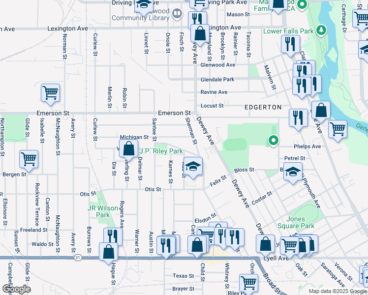 map of restaurants, bars, coffee shops, grocery stores, and more near 10 Bauer Street in Rochester