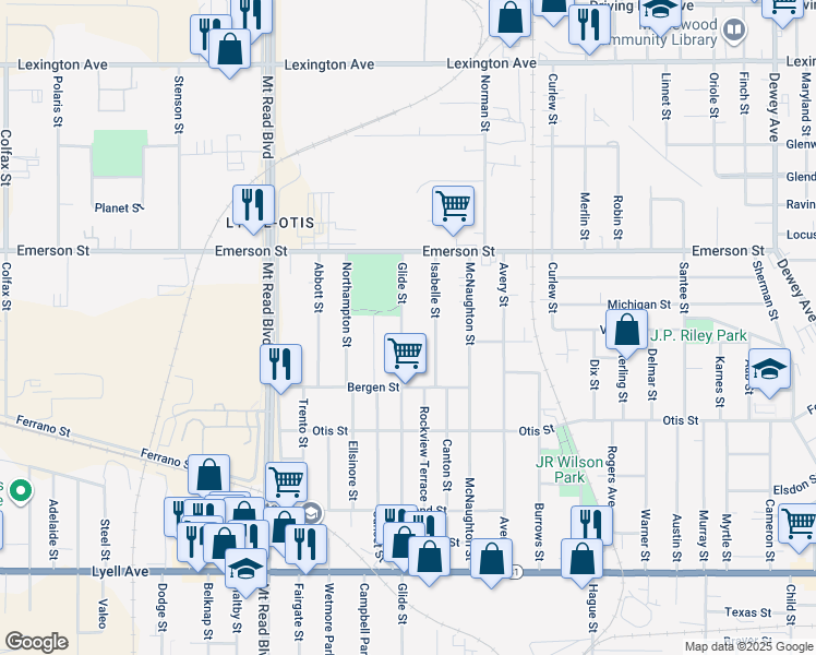 map of restaurants, bars, coffee shops, grocery stores, and more near 1008 Glide Street in Rochester