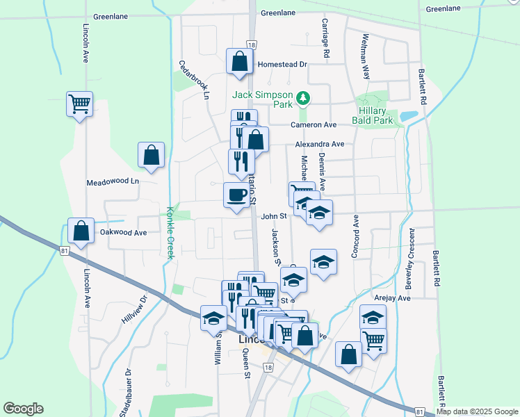map of restaurants, bars, coffee shops, grocery stores, and more near 4986 John Street in Lincoln