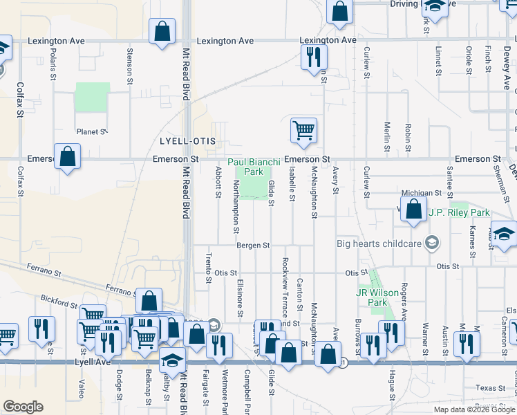 map of restaurants, bars, coffee shops, grocery stores, and more near 340 Sunset Street in Rochester
