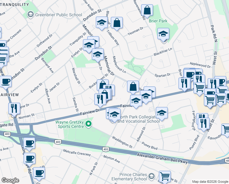 map of restaurants, bars, coffee shops, grocery stores, and more near 36 Hayhurst Road in Brantford