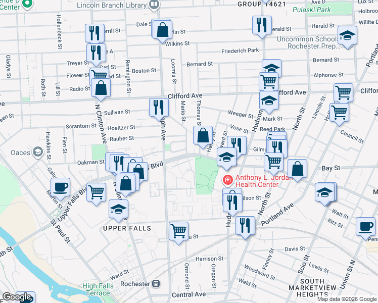 map of restaurants, bars, coffee shops, grocery stores, and more near 480 Upper Falls Boulevard in Rochester