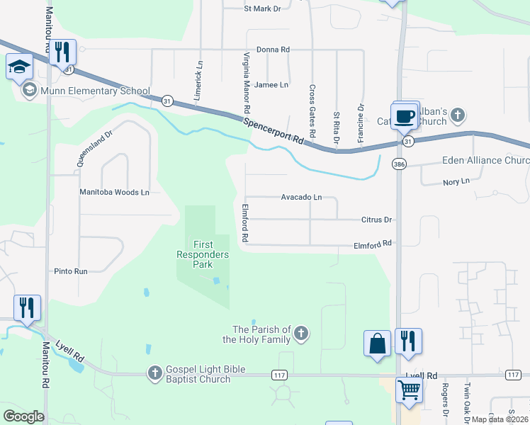 map of restaurants, bars, coffee shops, grocery stores, and more near 48 Citrus Dr in Rochester