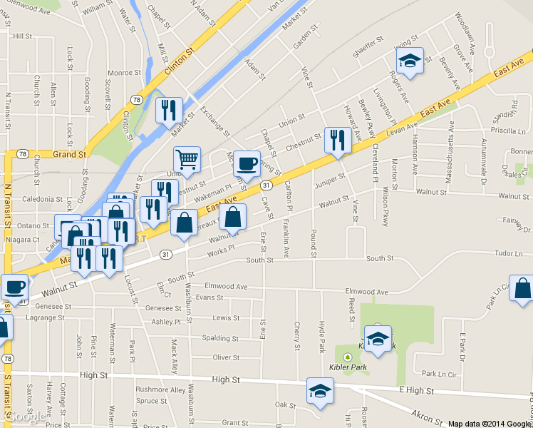 map of restaurants, bars, coffee shops, grocery stores, and more near 39 Cave Street in Lockport