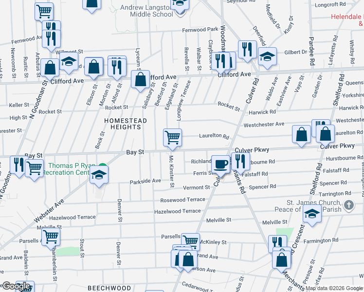 map of restaurants, bars, coffee shops, grocery stores, and more near 1100 Bay Street in Rochester