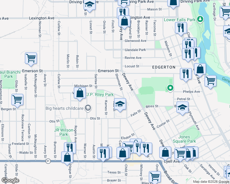 map of restaurants, bars, coffee shops, grocery stores, and more near 10 Bauer Street in Rochester