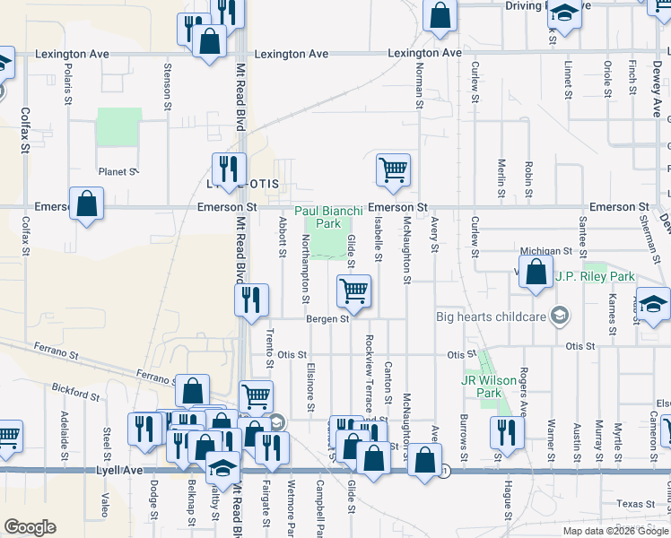 map of restaurants, bars, coffee shops, grocery stores, and more near 340 Sunset Street in Rochester