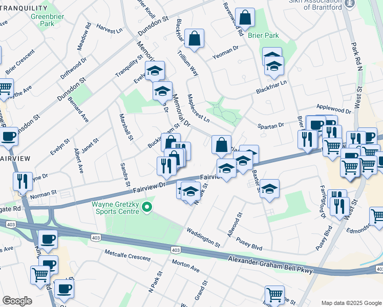 map of restaurants, bars, coffee shops, grocery stores, and more near in Brantford