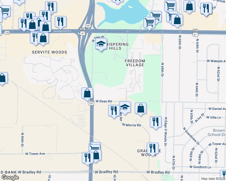 map of restaurants, bars, coffee shops, grocery stores, and more near 7500 West Dean Road in Milwaukee