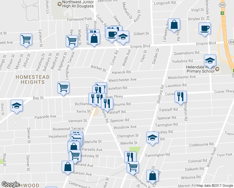 map of restaurants, bars, coffee shops, grocery stores, and more near 82 Culver Parkway in Rochester