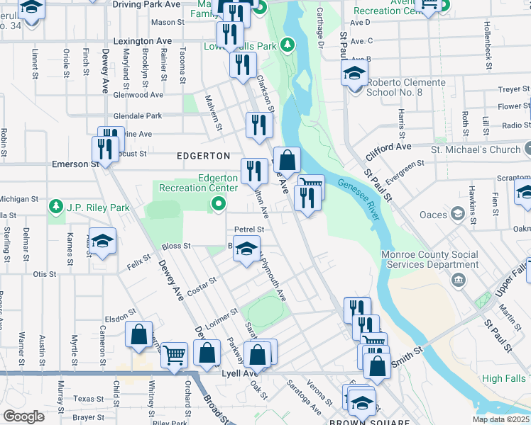 map of restaurants, bars, coffee shops, grocery stores, and more near Fulton Avenue & Phelps Avenue in Rochester