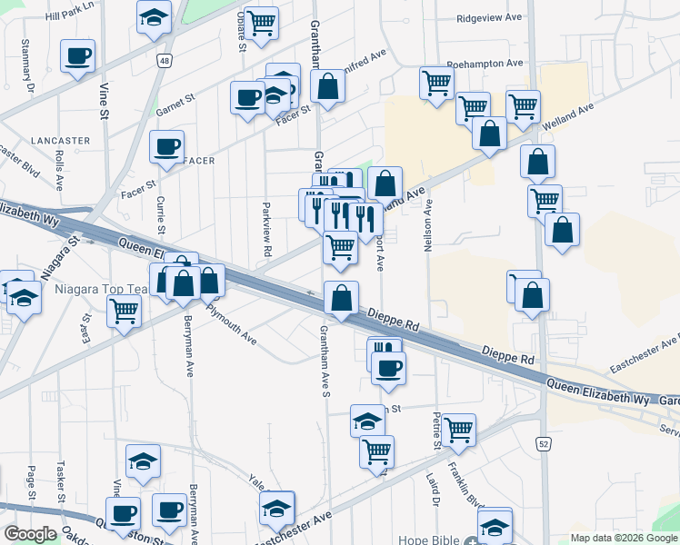 map of restaurants, bars, coffee shops, grocery stores, and more near 99 Dieppe Road in Saint Catharines