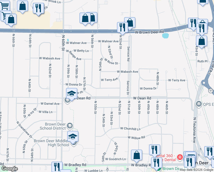 map of restaurants, bars, coffee shops, grocery stores, and more near 5322 West Donna Drive in Brown Deer