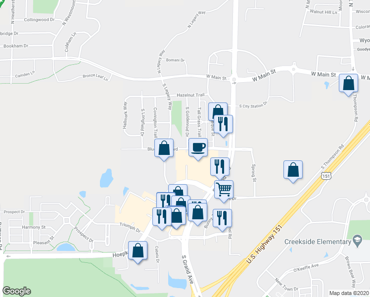map of restaurants, bars, coffee shops, grocery stores, and more near 2784 Blue Aster Boulevard in Sun Prairie