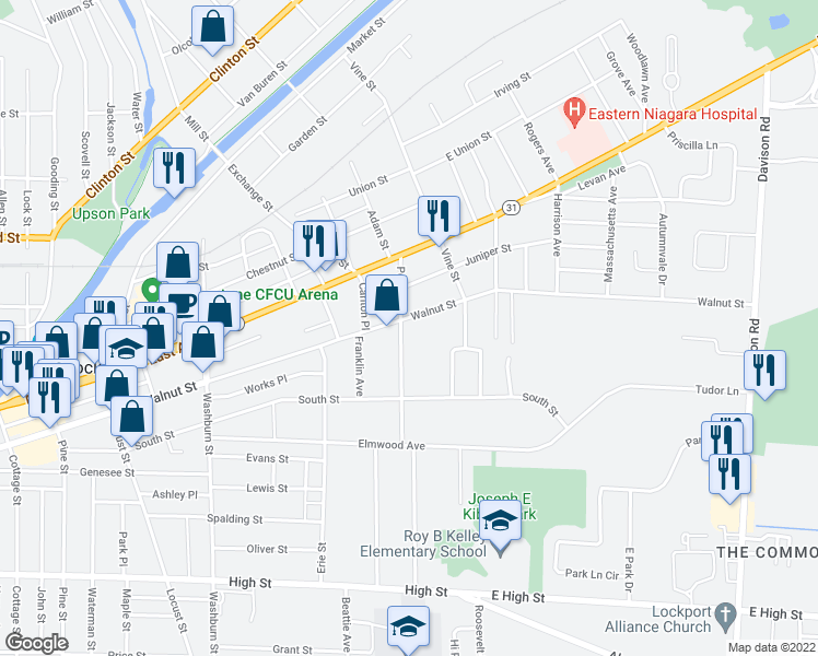 map of restaurants, bars, coffee shops, grocery stores, and more near 484 Walnut Street in Lockport