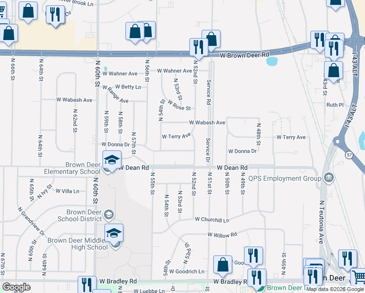 map of restaurants, bars, coffee shops, grocery stores, and more near 8451 North 52nd Street in Brown Deer
