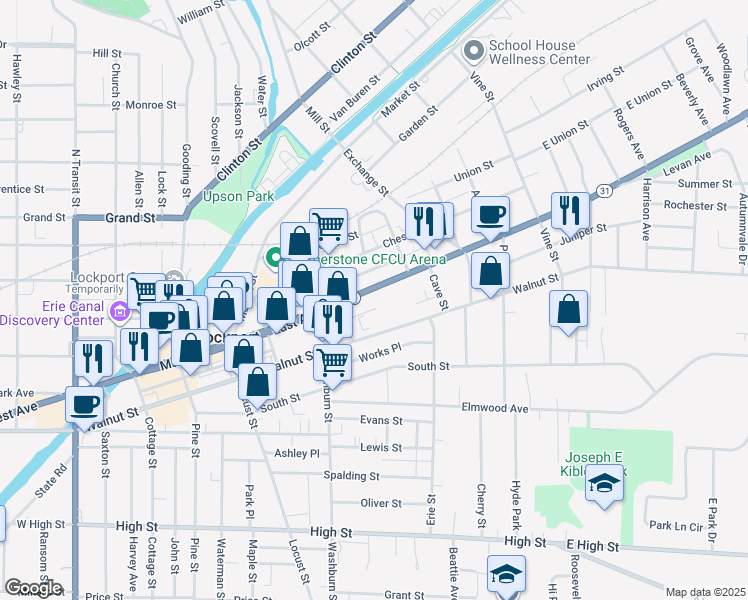map of restaurants, bars, coffee shops, grocery stores, and more near 124 East Avenue in Lockport
