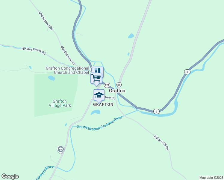 map of restaurants, bars, coffee shops, grocery stores, and more near 204 Vermont 121 in Grafton