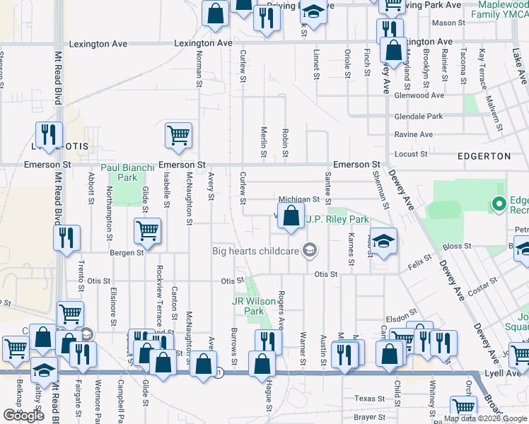 map of restaurants, bars, coffee shops, grocery stores, and more near 138 Villa Street in Rochester