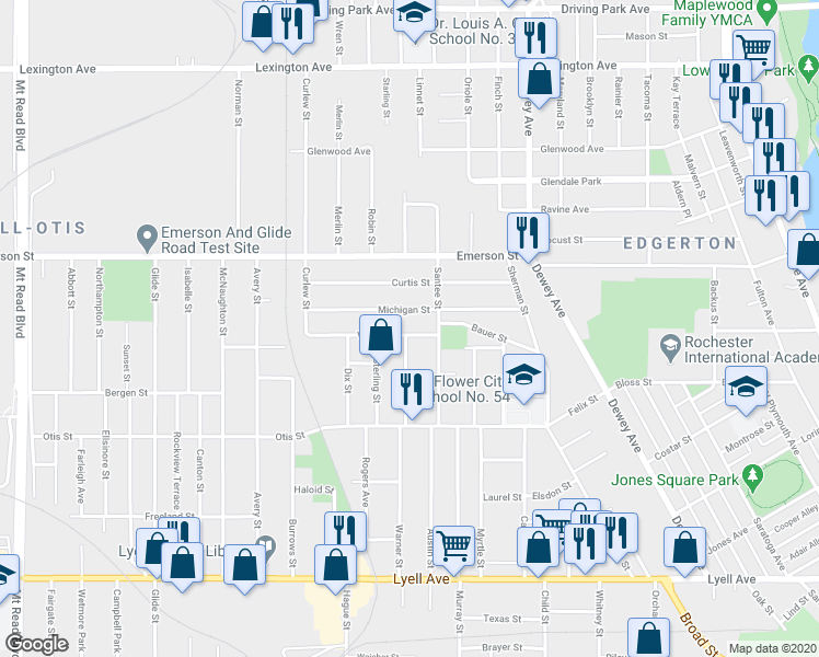 map of restaurants, bars, coffee shops, grocery stores, and more near 42 Villa Street in Rochester