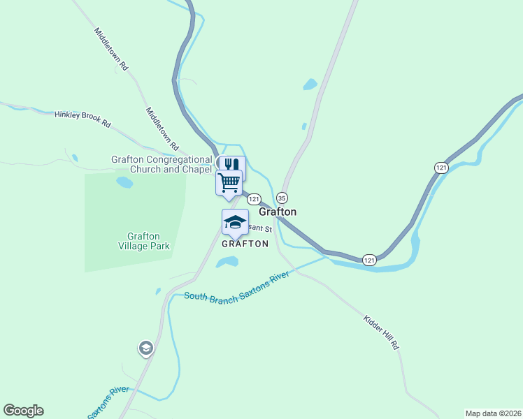 map of restaurants, bars, coffee shops, grocery stores, and more near 204 Vermont 121 in Grafton