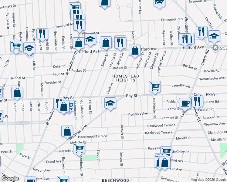 map of restaurants, bars, coffee shops, grocery stores, and more near 832 Bay Street in Rochester