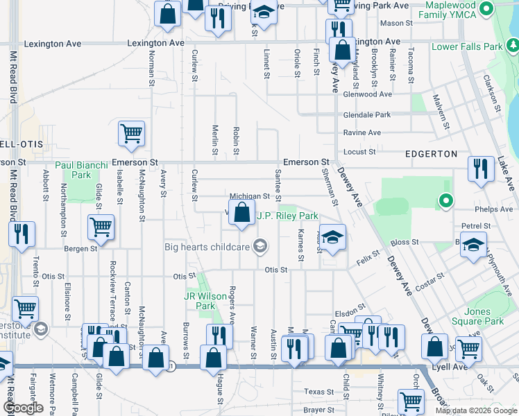 map of restaurants, bars, coffee shops, grocery stores, and more near 49 Villa Street in Rochester