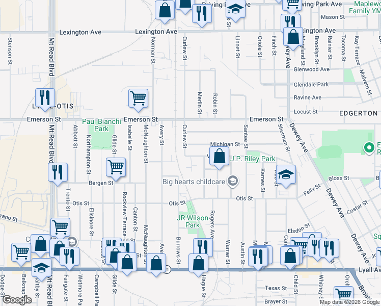 map of restaurants, bars, coffee shops, grocery stores, and more near 155 Villa Street in Rochester
