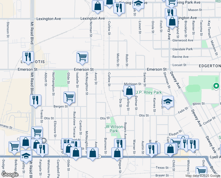 map of restaurants, bars, coffee shops, grocery stores, and more near 155 Villa Street in Rochester